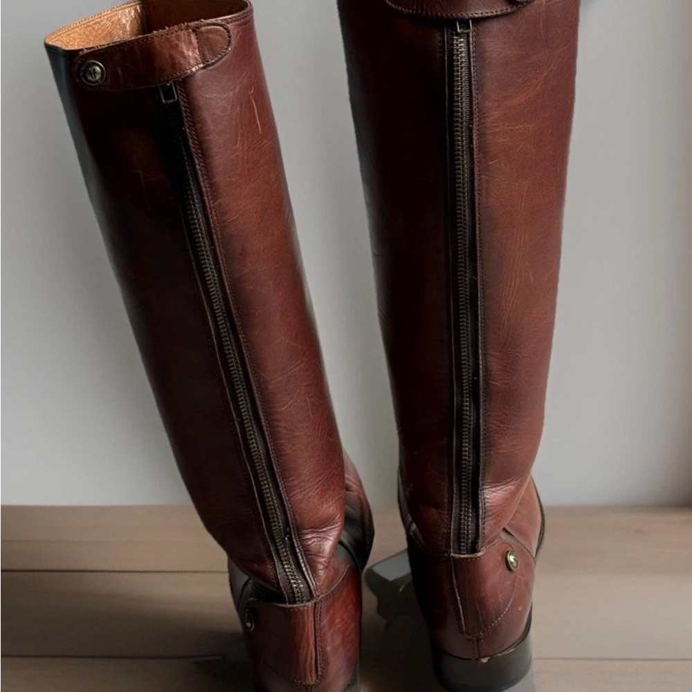 FRYE TALL COGNAC LEATHER MELISSA RIDING BOOTS with BACK ZIPPER & SNAP TABS - Picture 2 of 13